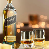 Johnnie Walker Blue Label scotch whisky bottle with glasses