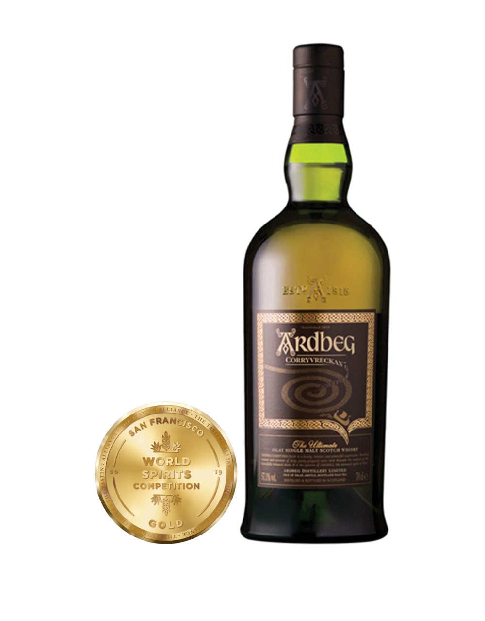 Ardbeg Corryvreckan Single Malt Scotch Whisky bottle and award
