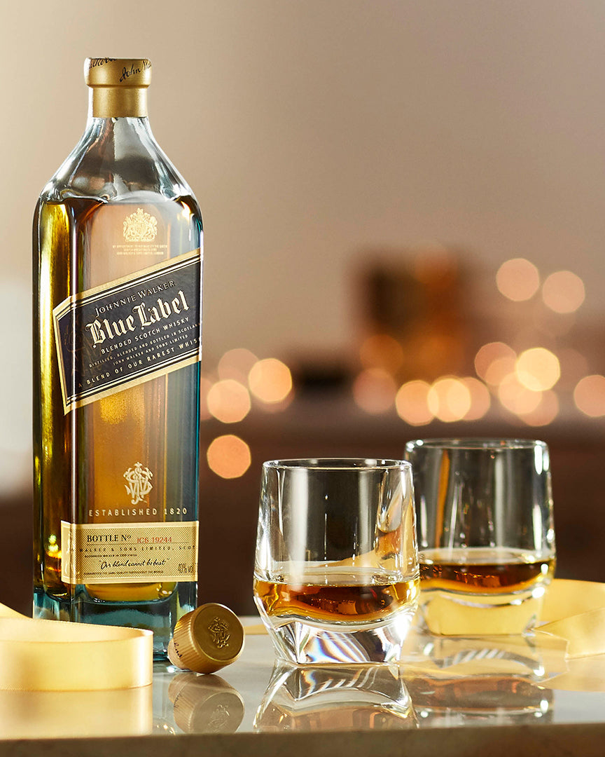 Johnnie Walker Blue Label scotch whisky bottle with glasses