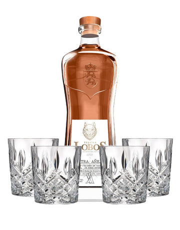 Lobos 1707 Tequila Extra Añejo with 4 Markham Marquis by Waterford Double Old Fashioned Glasses